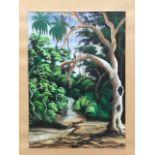 SU Okezie, Nigerian school, gouache jungle scene with monkeys on tree, signed & dated 1959,