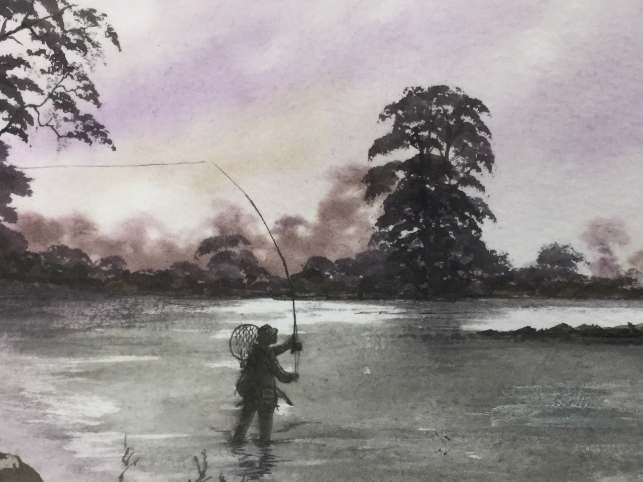 Four watercolours of salmon, flies and man fly fishing, signed indistinctly, laid down & framed. ( - Image 2 of 3