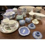 Miscellaneous ceramics including Wedgwood vases and jasperware, a Staffordshire blue & white