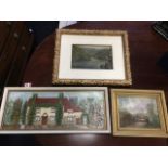 Oil on board, lake landscape, in painted mount and gilt & gesso foliate scrolled frame; T William,
