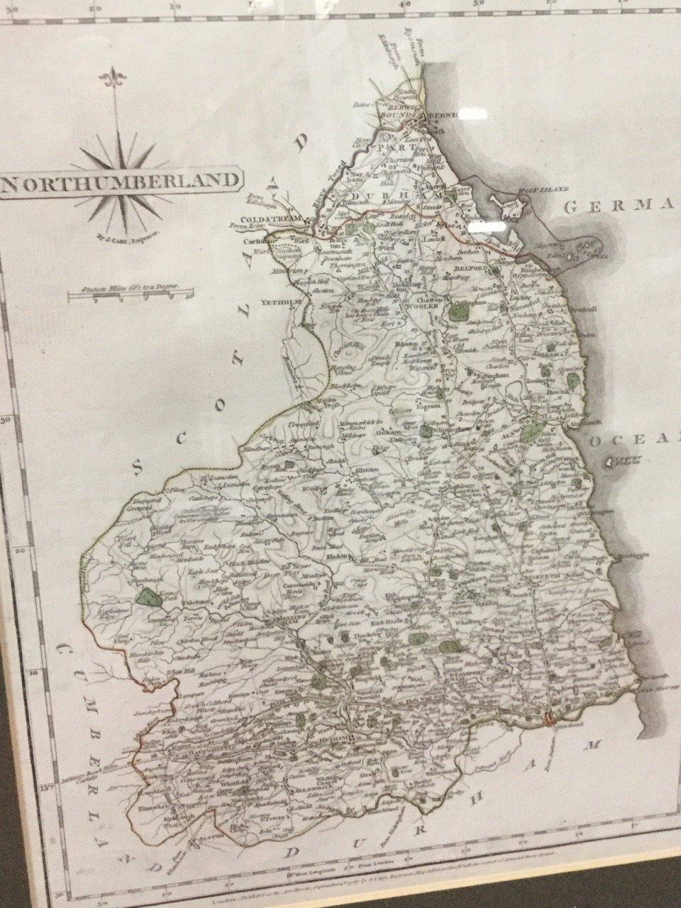 A nineteenth century handcoloured map of Northumberland after Cary, the plate with glazed verso - Image 2 of 3