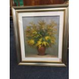 P Gionfra, oil on canvas, still life, mimosa flowers in vase, signed, dated and enscribed to