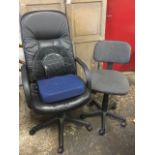 A modern office armchair with panelled faux leather upholstery and downswept arms, supported on an