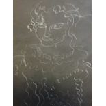 European modern school, white pen on black paper, Matisse style bust of a lady, with colourful