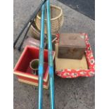 Miscellaneous items including a Christmas tree stand, a pair of laminated skis, a folding dog bed, a