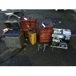 A boxed power sprayer; three oil/fuel cans - Shell, Autol Desolite & Carburol; two gas greenhouse