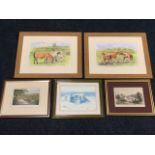 A pair of oak framed Fullick prints of horses in landscapes; a nineteenth century gilt framed