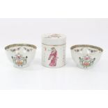 Pair of 18th century Chinese export monogrammed marriage tea bowls with two kissing lovebirds above