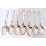 Four Georgian silver fiddle pattern tablespoons with engraved monograms,