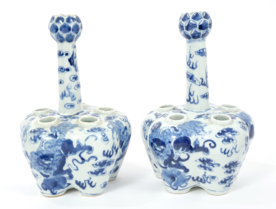Pair 19th century Chinese export blue and white crocus vases with onion necks,