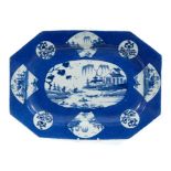 18th century Bow powder blue ground octagonal meat plate with Chinese landscape and floral reserves