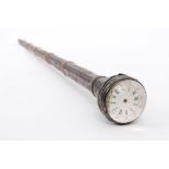 19th century novelty bamboo waking cane with watch inset to glazed globular handle,