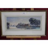 Late nineteenth century English school watercolour - cottages and a church on the river bank,