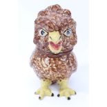 Unusual 19th century owl-shaped tobacco box and cover with yellow beak and feet and brown painted