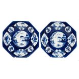 Pair 18th century Bow powder blue ground octagonal plates with Chinese landscaped and floral