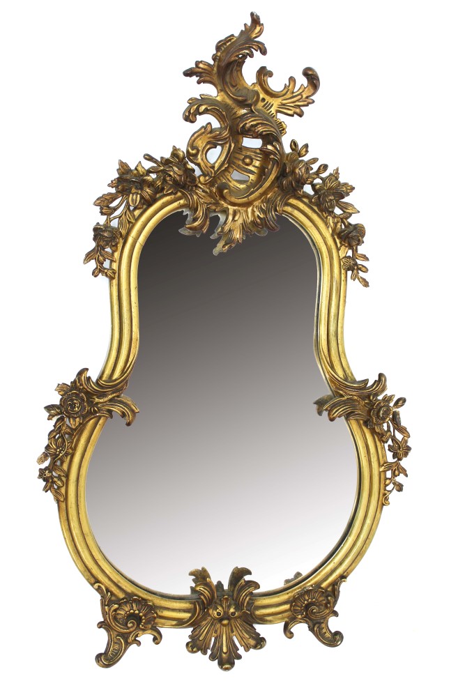 19th century rococo revival gilt gesso mirror of kidney form, with foliate C-scroll ornament,