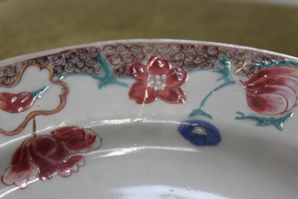 Mid-18th century Chinese export famille rose porcelain plate painted with cockerels on rock with - Image 9 of 13