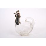Edwardian claret jug with silver mount in the form of a chicken's head, with clear glass body,