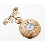 Victorian gold (18k) ladies' keyless half hunter fob watch with floral engraved case and bow brooch