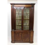 Fine George III mahogany and parquetry inlaid standing corner cupboard of narrow form,