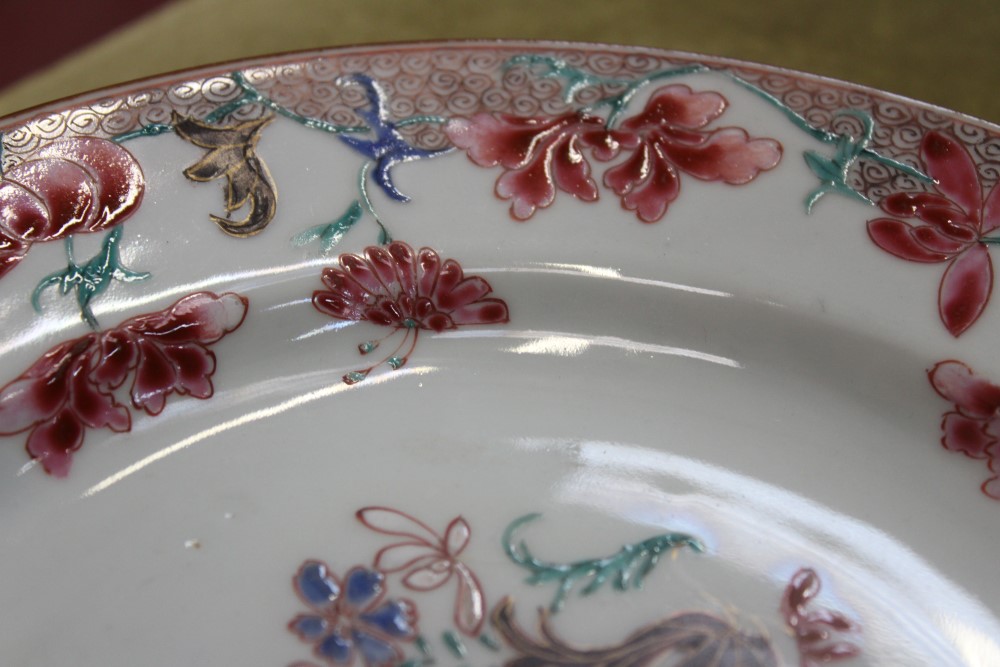 Mid-18th century Chinese export famille rose porcelain plate painted with cockerels on rock with - Image 7 of 13