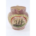 Victorian pink lustre Sunderland jug printed with ship and two verses,