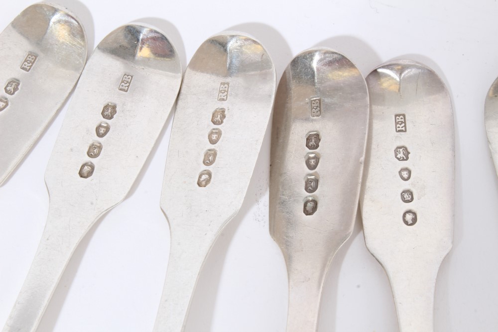 Set of six Victorian silver fiddle pattern dessert spoons with engraved monograms (London 1841), - Image 3 of 3
