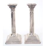 Pair 1960s silver 9½ inch tall Corinthian Column candlesticks with separate sconces,