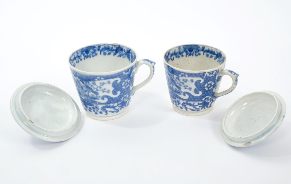 Two early 19th century pearlware custard cups and covers with printed bird and floral decoration - Image 2 of 3
