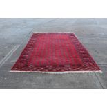 Large Tekke style carpet with thirteen rows of twenty-nine medallions on blood red ground,