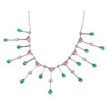 Antique paste set necklace, with white, pink and blue foil-backed paste stones in silver setting.