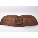 Antique Polynesian tribal rattan shield of elongated leaf shape, carved wooden hand-guard to rear,