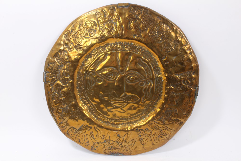 Five 19th Century Indian circular brass temple plates decorated in relief with Gods and figures, - Image 2 of 6