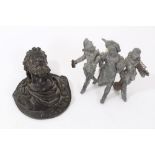 19th century Continental spelter comedia dell arte group of figures in jocular pose with applied