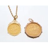 Edward VII gold full sovereign 1905 in pendant mount and a Victorian gold half sovereign 1893 in