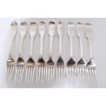 Six Georgian and later silver fiddle pattern dessert forks with engraved monograms (various dates