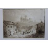 Manner of Samuel Prout, nineteenth century sepia watercolour - rural village with a hill top Castle,