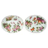 Pair of mid-18th century Chelsea silver-shape meat plates with polychrome painted fruit and insect