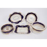 Early 19th century English part dessert service with floral sprays on dark blue bands and moulded