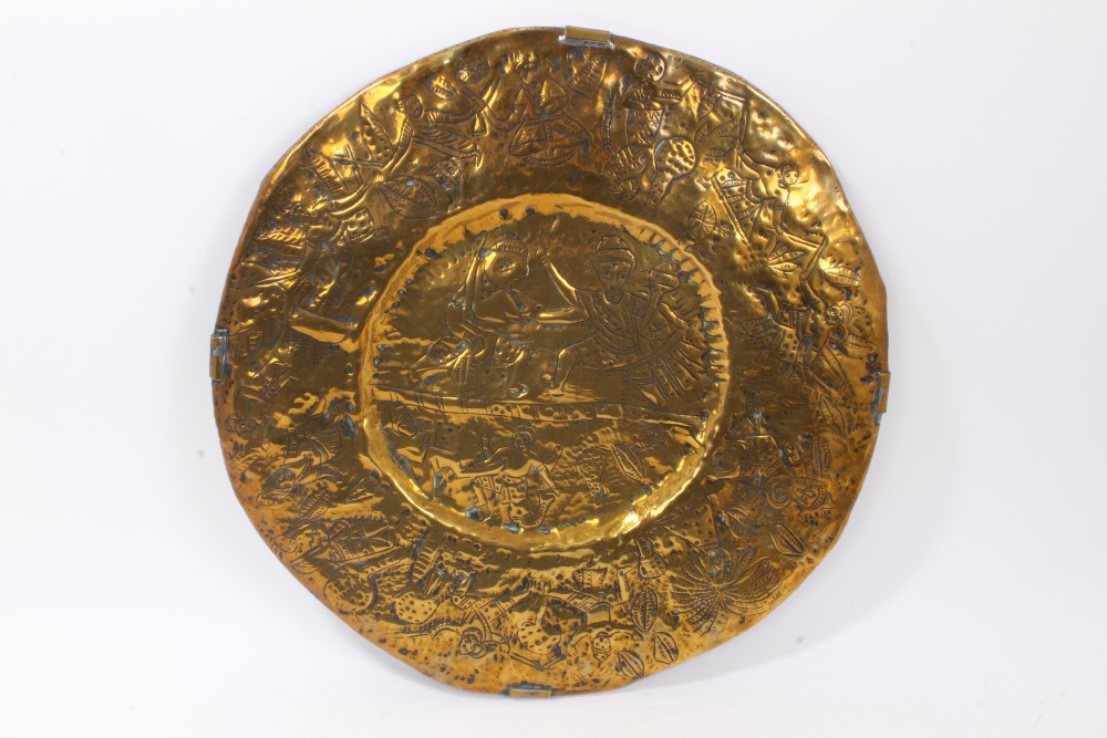 Five 19th Century Indian circular brass temple plates decorated in relief with Gods and figures, - Image 4 of 6