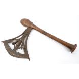 Good Songe axe, Nzappa Zee with iron crescent-shaped wrought iron blade and copper clad shaft,