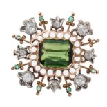Green tourmaline, diamond and emerald brooch,
