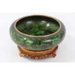 Japanese cloisonné bowl of shallow form, decorated with chrysanthemums in leaf green tones,