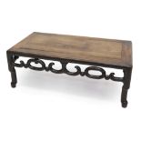 19th century Chinese padouk low table narrow crossbanded top over scrolling pierced frieze on