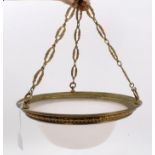 Edwardian gilt brass and frosted glass hanging light shade with acanthus decoration with chain