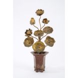 Late 19th / early 20th century Chinese gilt metal and alabaster model of a vase of flowers,