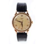 1950s gentlemen's Longines rose gold wristwatch with 17 jewel manual wind movement in rose gold