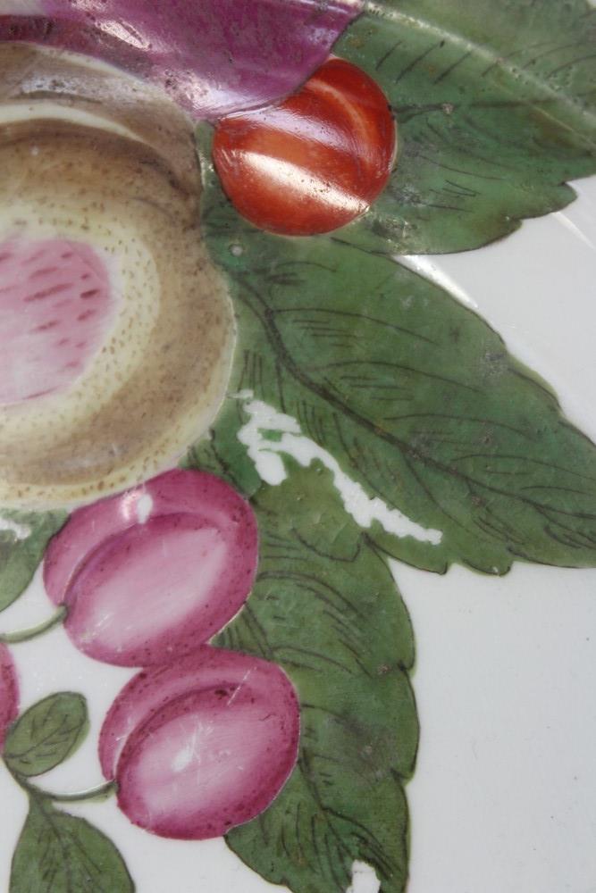 Pair of mid-18th century Chelsea silver-shape meat plates with polychrome painted fruit and insect - Image 6 of 11