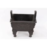 Antique Chinese bronze censor of rectangular archaic form with two raised handles - stylised dragon