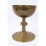 Mediaeval revival brass and jewelled chalice with hemispherical bowl on stem with studded collar